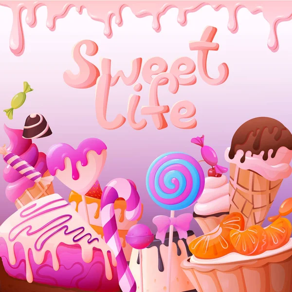 带各种糖果糕点冰淇淋的甜蜜生活卡通画 梯度背景矢量插图 — 图库矢量图片