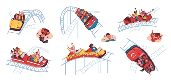 Roller Coaster Płaski Zestaw Odizolowanych Ikon Doodle Stylu Ludzie Jazda — Wektor stockowy