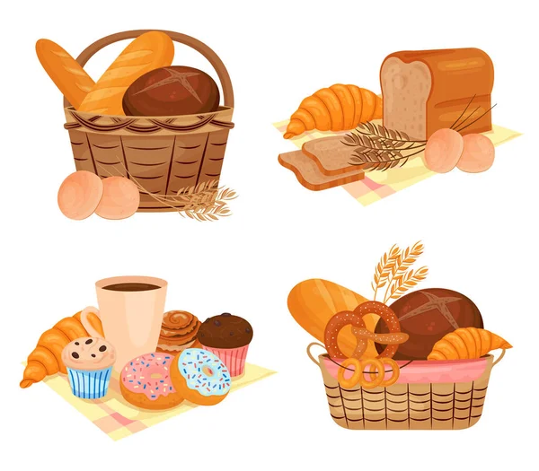 Bakery Products Flat 2X2 Set Isolated Compositions Cloth Baskets Full — Stock Vector
