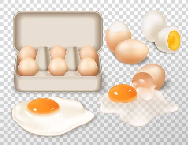 Фермерские Яйца Реалистичный Состав Состоящий Жареных Вареных Сырых Яиц Прозрачном — стоковый вектор