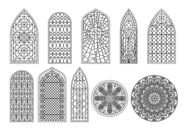 ステンドグラスモザイク教会の寺院装飾的なウィンドウの図形の輪郭アイコンと黒の大聖堂の窓のセットベクトルイラスト — ストックベクタ