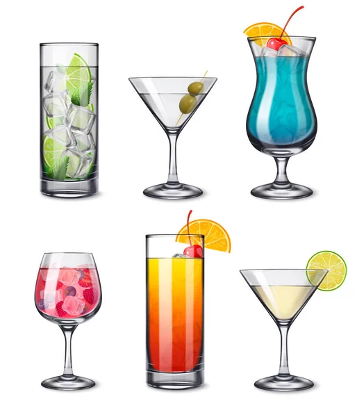 Alcohol Drankjes Cocktails Realistische Set Met Geïsoleerde Vooraanzicht Beelden Van — Stockvector