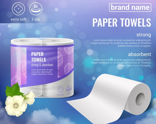 Toilettenpapier Küchentücher Rollen Realistische Werbung Zusammensetzung Mit Editierbaren Markennamen Text — Stockvektor