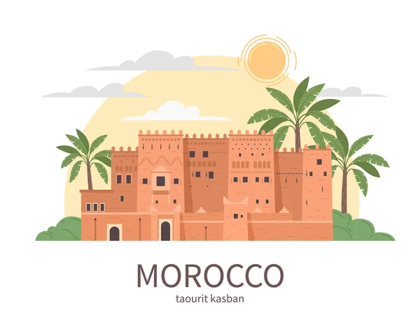 Komposisi Datar Wisata Maroko Dengan Tampilan Depan Benteng Kuno Dengan - Stok Vektor