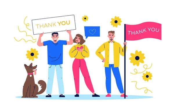 Gratitude Flat Concept Happy Young People Holding Thank You Banners — Stock Vector