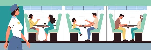 Koncepcja Płaskiej Stacji Kolejowej Pasażerami Wnętrzu Pociągu Wektor Ilustracji — Wektor stockowy