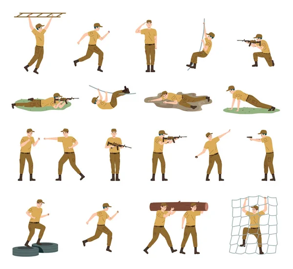 Военная Подготовка Плоские Иконки Солдаты Делают Упражнения Бег Борьбы Стрельба — стоковый вектор