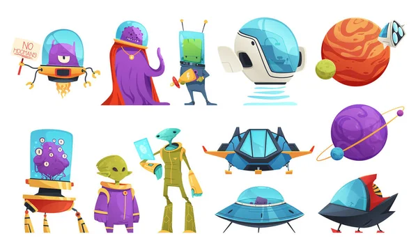 Ovni Personajes Dibujos Animados Alienígenas Iconos Conjunto Ilustración Vectorial Aislado — Vector de stock