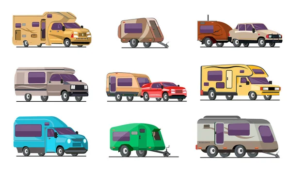 游乐车辆平面彩色图像集 包括货车拖车 野营车 隔离向量图 — 图库矢量图片