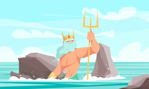 Onderwater Wereld Cartoon Concept Met Poseidon God Met Drietand Vector — Stockvector