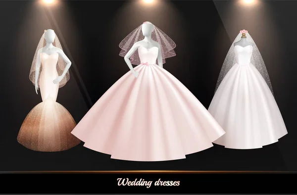 新娘婚纱的写实主义图标设置了三件不同风格的礼服在白色人体模特的矢量插图上 — 图库矢量图片