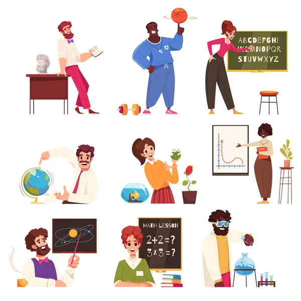 学校主题教师漫画图标设置与男性和女性教学不同的科学分离矢量插图 — 图库矢量图片