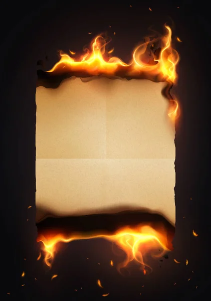 燃烧的旧纸现实的概念一黄色的薄片着火与黑暗的背景矢量说明 — 图库矢量图片