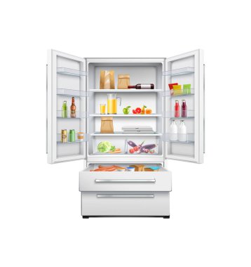 Raflarda yiyecek ve içeceklerin olduğu modern açık buzdolabı gerçekçi vektör çizimi