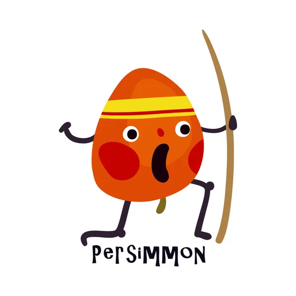 Funny Cartoon Character Persimmon Doing Sport Vector Illustration — Stock Vector