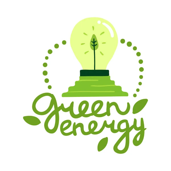 Зеленая Энергия Альтернативные Источники Плоская Эмблема Текстом Лампочки Векторной Иллюстрации — стоковый вектор