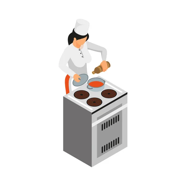 Isometrische Vrouwelijke Chef Koken Soep Saus Fornuis Vector Illustratie — Stockvector