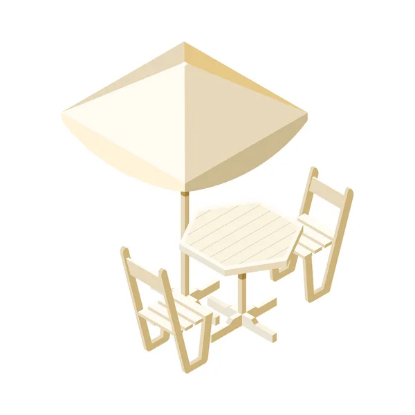 Mesa Madeira Isométrica Com Duas Cadeiras Guarda Chuva Para Calçada — Vetor de Stock