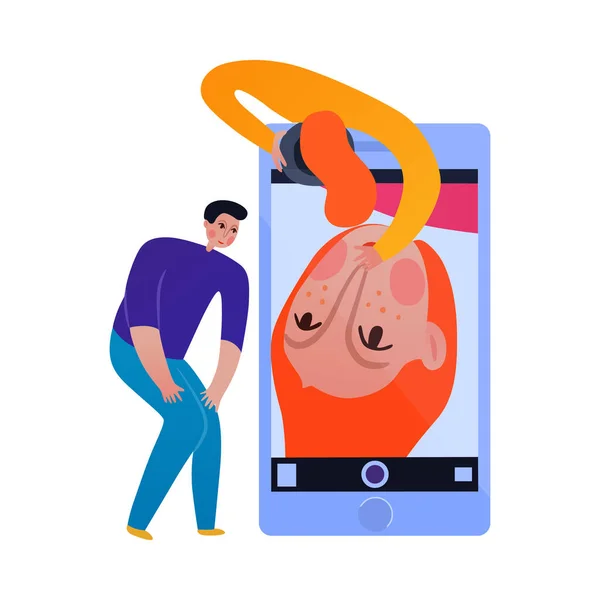 Phone Interaction Flat Icon People Taking Selfie Smartphone Vector Illustration — Stock Vector