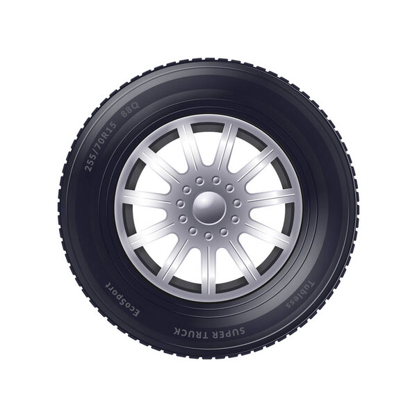 New tyred alloy car wheel front view realistic vector illustration