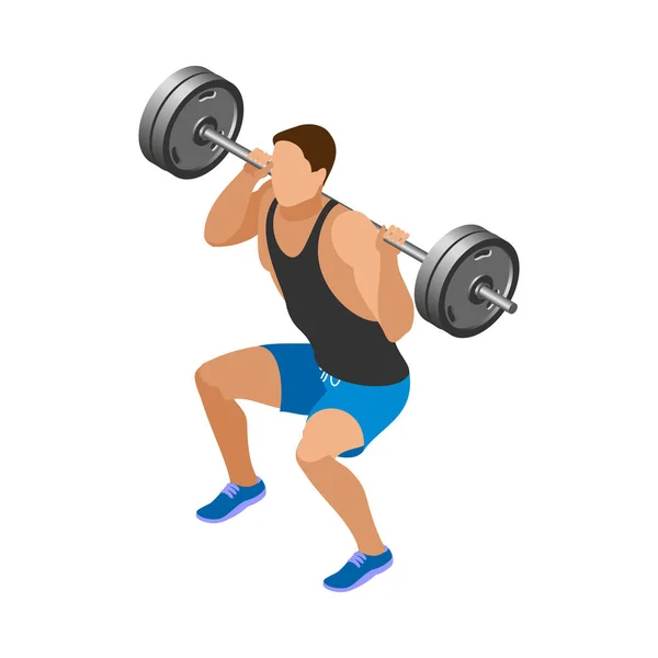 Body Building Isometric Icon Male Athlete Doing Squats Barbell Vector — Stock Vector