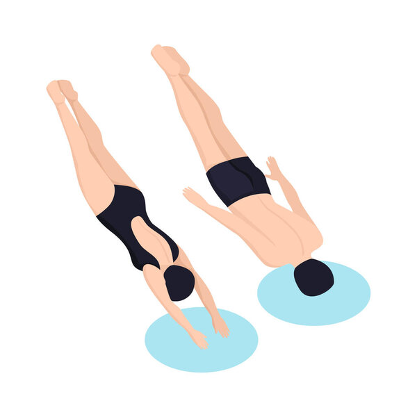 Two isometric people diving in swimming pool 3d vector illustration