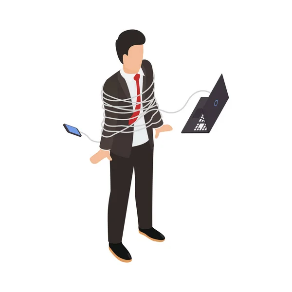 Internet Smartphone Gadget Addiction Isometric Concept Person Tied Phone Laptop — Stock Vector