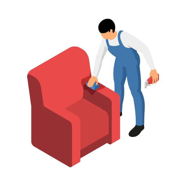 Isometrische Reinigungskraft Wischt Sessel Mit Schwamm Und Sprühwaschmittel Vektorillustration — Stockvektor
