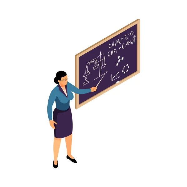 Izometrikus Női Egyetemi Tanár Előadás Során Közelében Tábla Vektor Illusztráció — Stock Vector