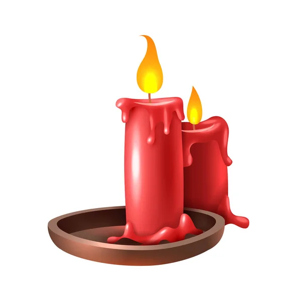 Realistic Burning Red Wax Candles Vector Illustration — Stock Vector