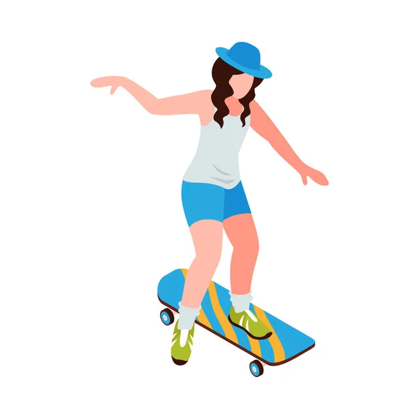 Junges Mädchen Mit Isometrischer Skateboard Vektorillustration — Stockvektor