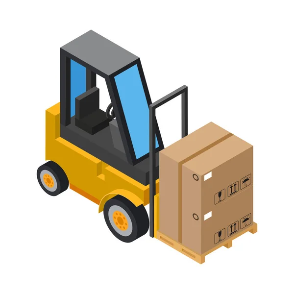 Isometric Gudang Forklift Membawa Tumpukan Kotak Kardus Ilustrasi Vektor - Stok Vektor