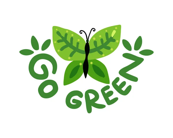 Aller Vert Restauration Écologique Emblème Plat Avec Illustration Vectorielle Papillon — Image vectorielle