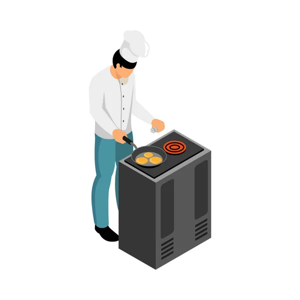 調理器具でパンケーキを調理する等角男性シェフ3Dベクトルイラスト — ストックベクタ