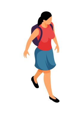 Kız lise öğrencisi 3d vektör illüstrasyonunun Isometric yüzsüz insan karakteri