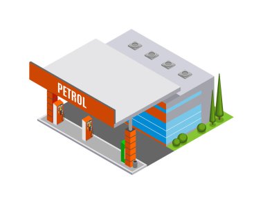 Beyaz arka planda Isometric benzin istasyonu binası 3 boyutlu vektör illüstrasyonu