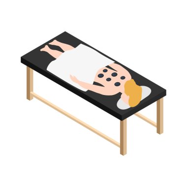 Masaj sırasında taş izometrik vektör illüstrasyonuyla rahatlayan müşterili güzellik merkezi simgesi