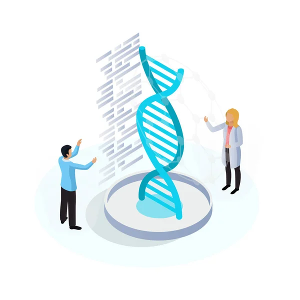 Nanotechnology Isometric Icon Scientists Dna Structure Vector Illustration — Stock Vector