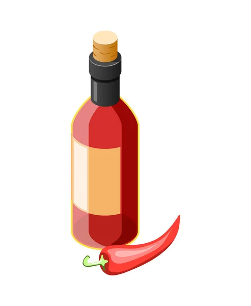 Salsa Chile Botella Vidrio Ícono Isométrico Vector Ilustración — Vector de stock