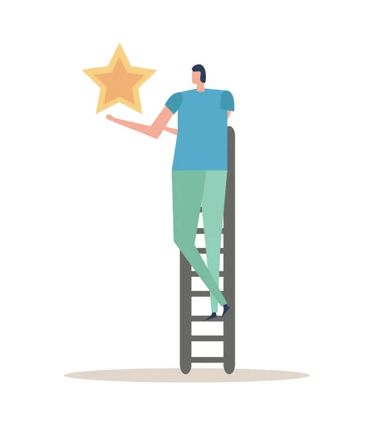 Success Flat Concept Male Human Character Ladder Reaching Star Vector — Stock Vector