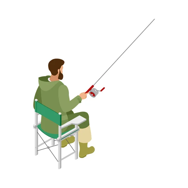 Isometrische Fischer Mit Spinnen Sitzen Auf Stuhl Rückenansicht Vektor Illustration — Stockvektor
