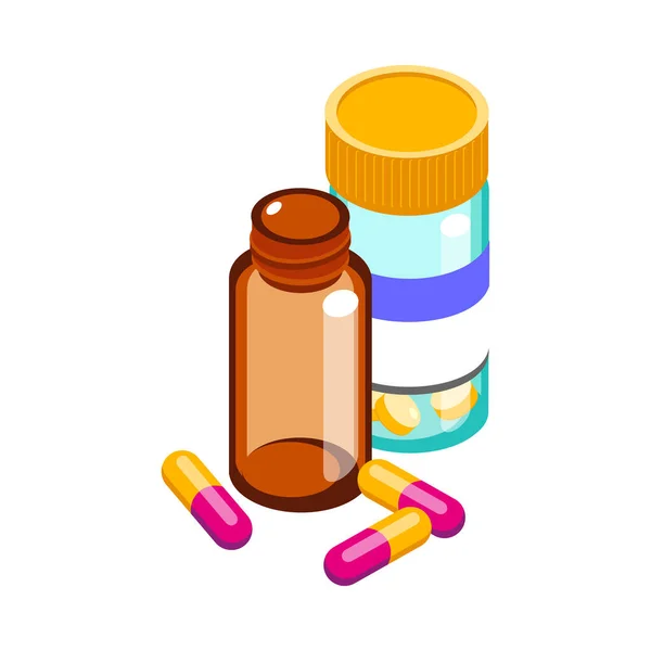 Icona Isometrica Del Farmaco Con Capsule Bottiglie Illustrazione Vettoriale — Vettoriale Stock