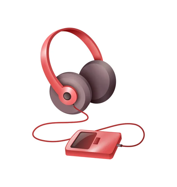 Pink Portable Mp3 Player Wired Headphones Realistic Vector Illustration — Stock Vector