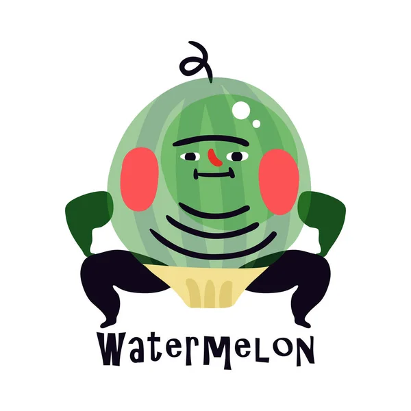 Funny Cartoon Watermelon Character Doing Sumo Vector Illustration — Stock Vector