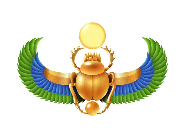 Cartoon Gouden Egyptische Scarabee Met Vleugels Vector Illustratie — Stockvector