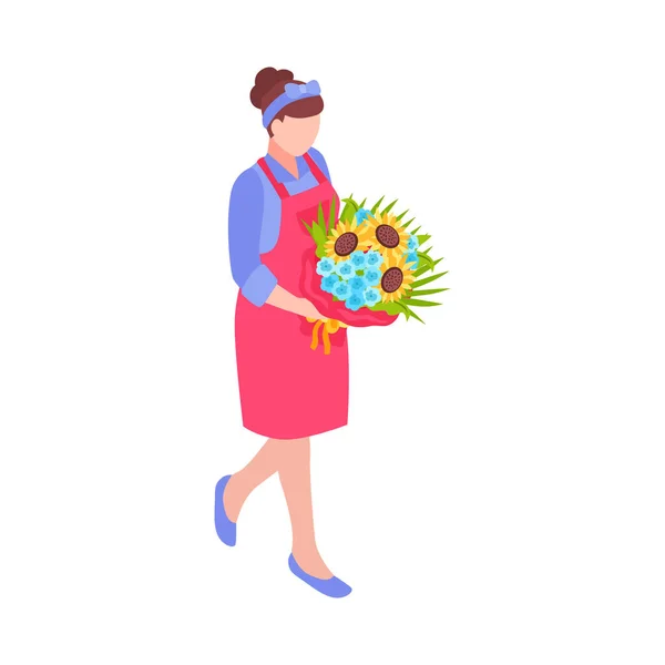 Kvinnlig Florist Som Håller Ett Gäng Blommor Med Solros Isometrisk — Stock vektor