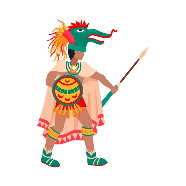 Maya Beschaving Mayan Krijger Met Speer Schild Dragen Traditionele Kostuum — Stockvector