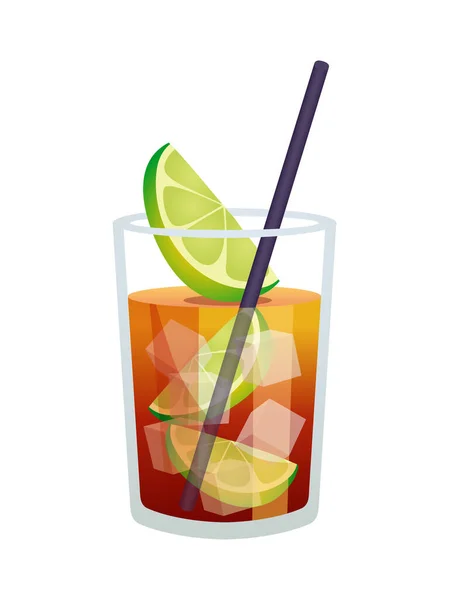 Coquetel Rum Com Limão Palha Vidro Ilustração Vetorial Plana — Vetor de Stock