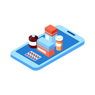Online tıp izometrik ikonu. Akıllı telefon ekranında haplar ve ilaçlar. 3D vektör illüstrasyonu.