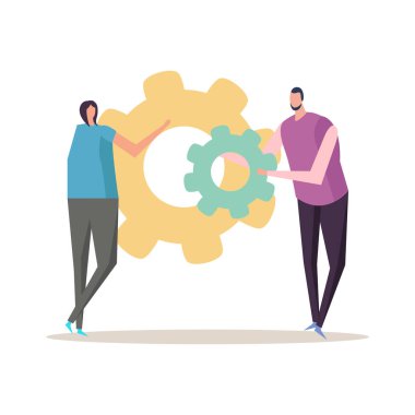 Düz konsept takım çalışması ve başarı iki karalama insan karakterinin çarklı vektör çizimi ile